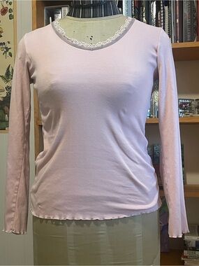 Light Pink Long-Sleeve Women's Top with Lace Trim